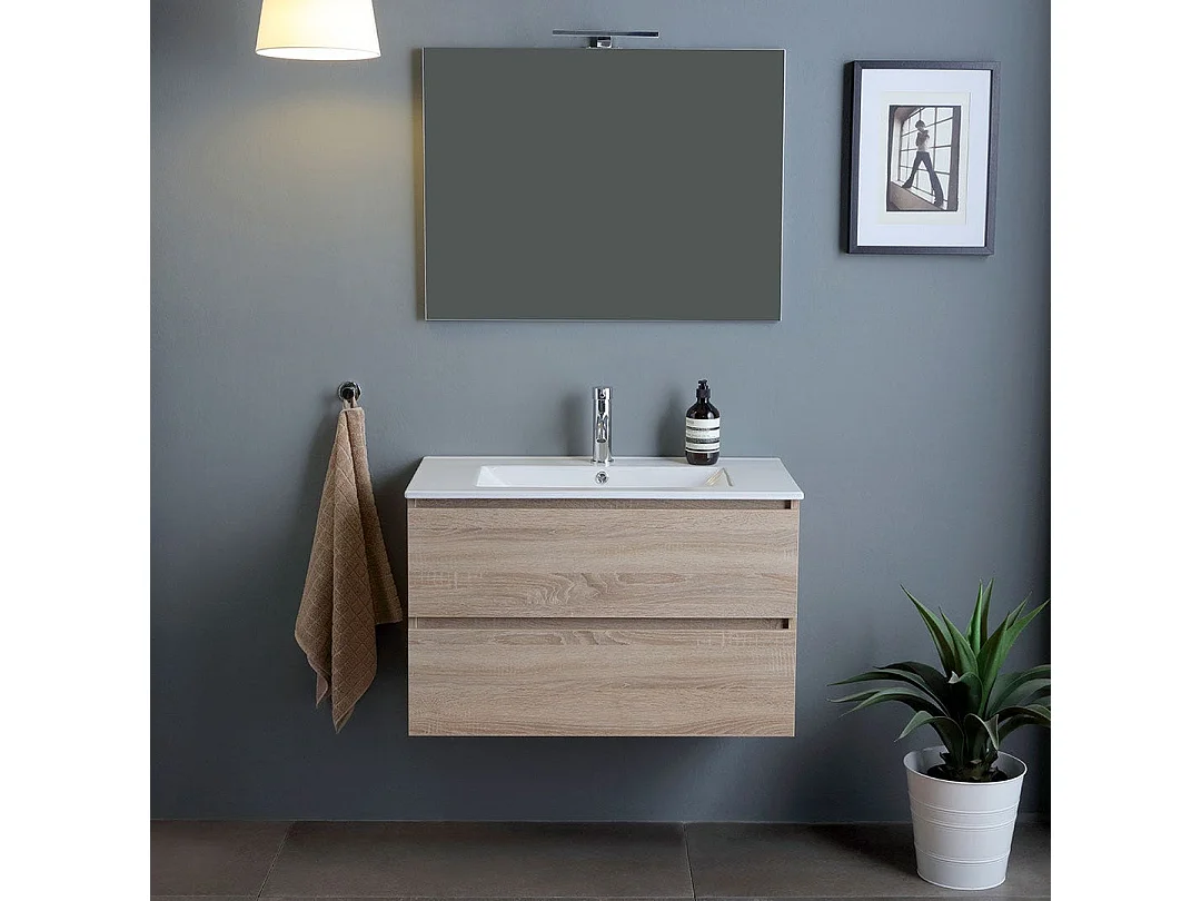 Meuble De Salle De Bains Mural 90Cm Chêne Naturel Tiroirs, Lavabo, Miroir | Berlin