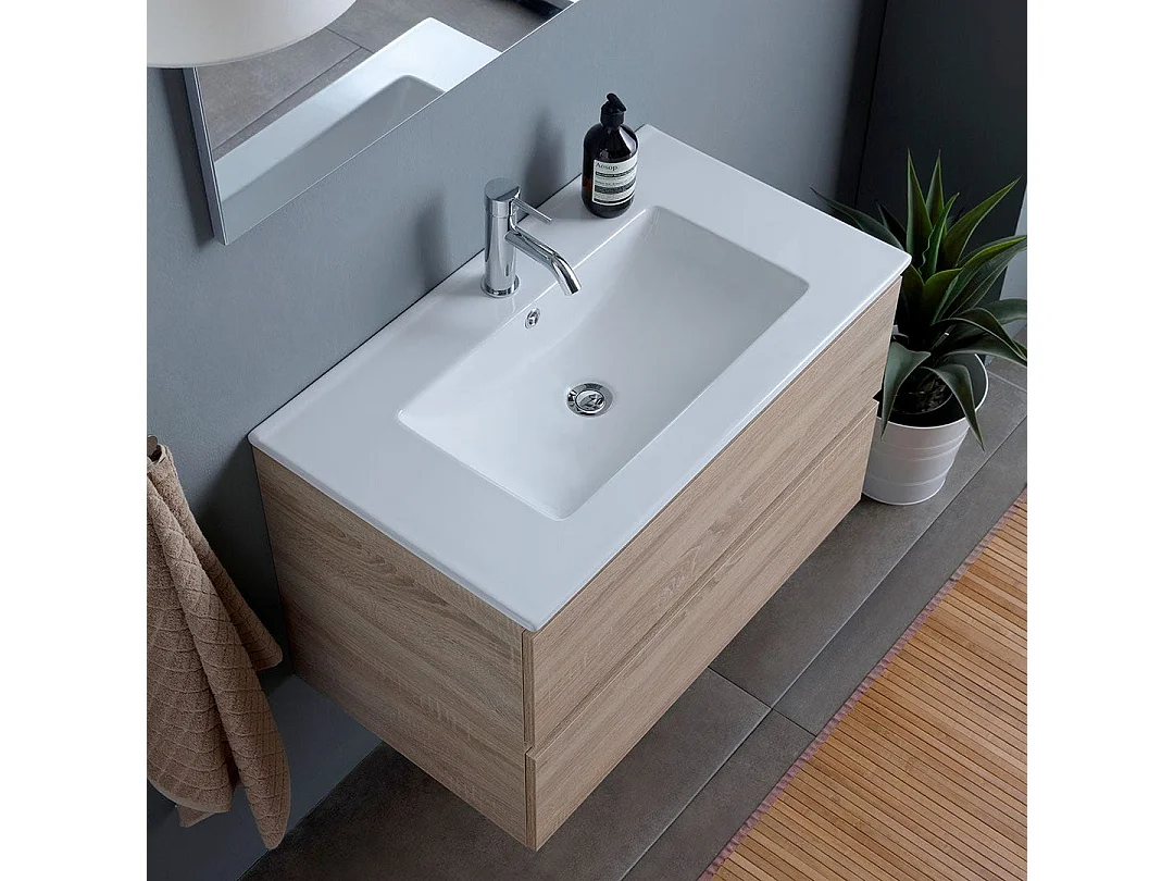 Meuble De Salle De Bains Mural 90Cm Chêne Naturel Tiroirs, Lavabo, Miroir | Berlin