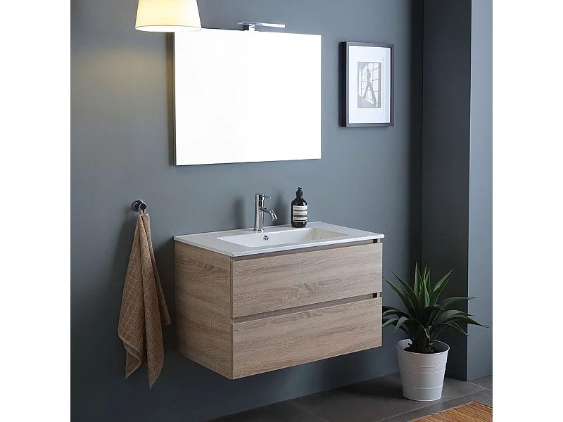 Meuble De Salle De Bains Mural 90Cm Chêne Naturel Tiroirs, Lavabo, Miroir | Berlin