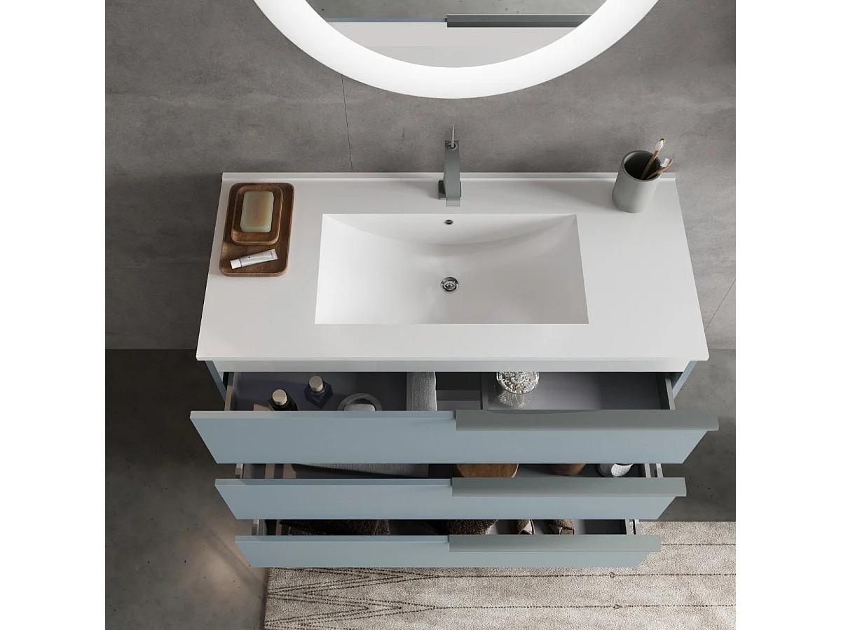 Meuble De Salle De Bain Sur Pied Avec Lavabo 100Cm Avec 3 Tiroirs Et Miroir| New York
