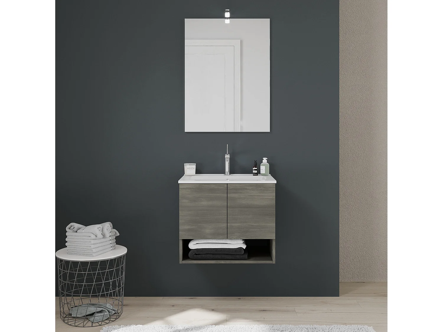 Meuble Suspendu Pour Salle De Bain Avec 2 Portes 60 Cm En Chêne Gris Foncé | Venezia