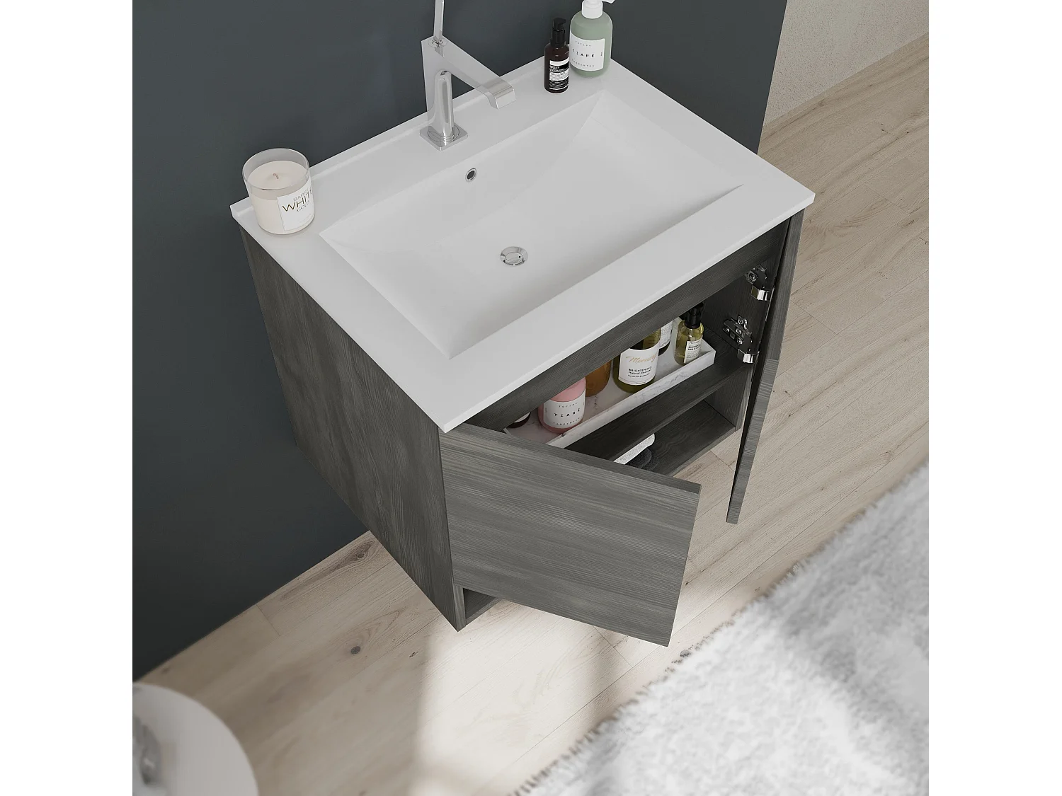 Meuble Suspendu Pour Salle De Bain Avec 2 Portes 60 Cm En Chêne Gris Foncé | Venezia