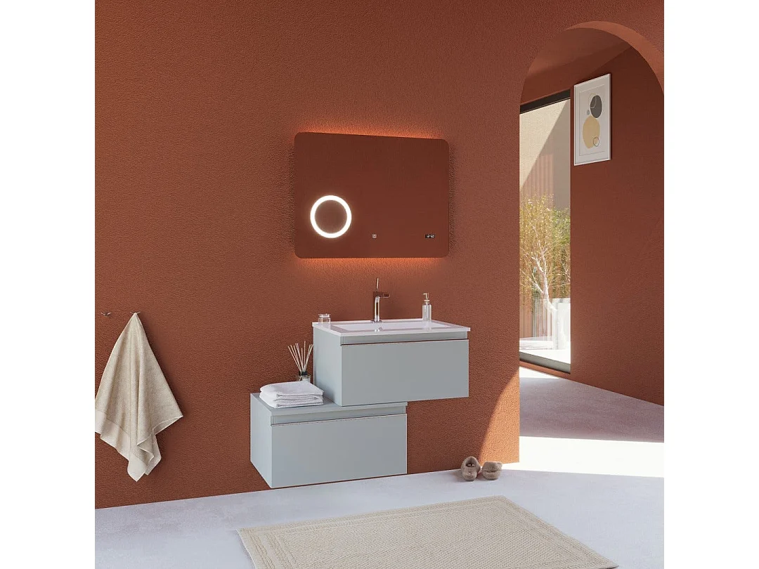 Meuble De Salle De Bains Gris Clair 90 Cm Avec Tiroir Décentré Et Miroir À Led | Seattle