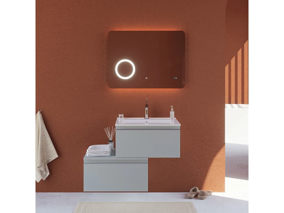 Meuble De Salle De Bains Gris Clair 90 Cm Avec Tiroir Décentré Et Miroir À Led | Seattle