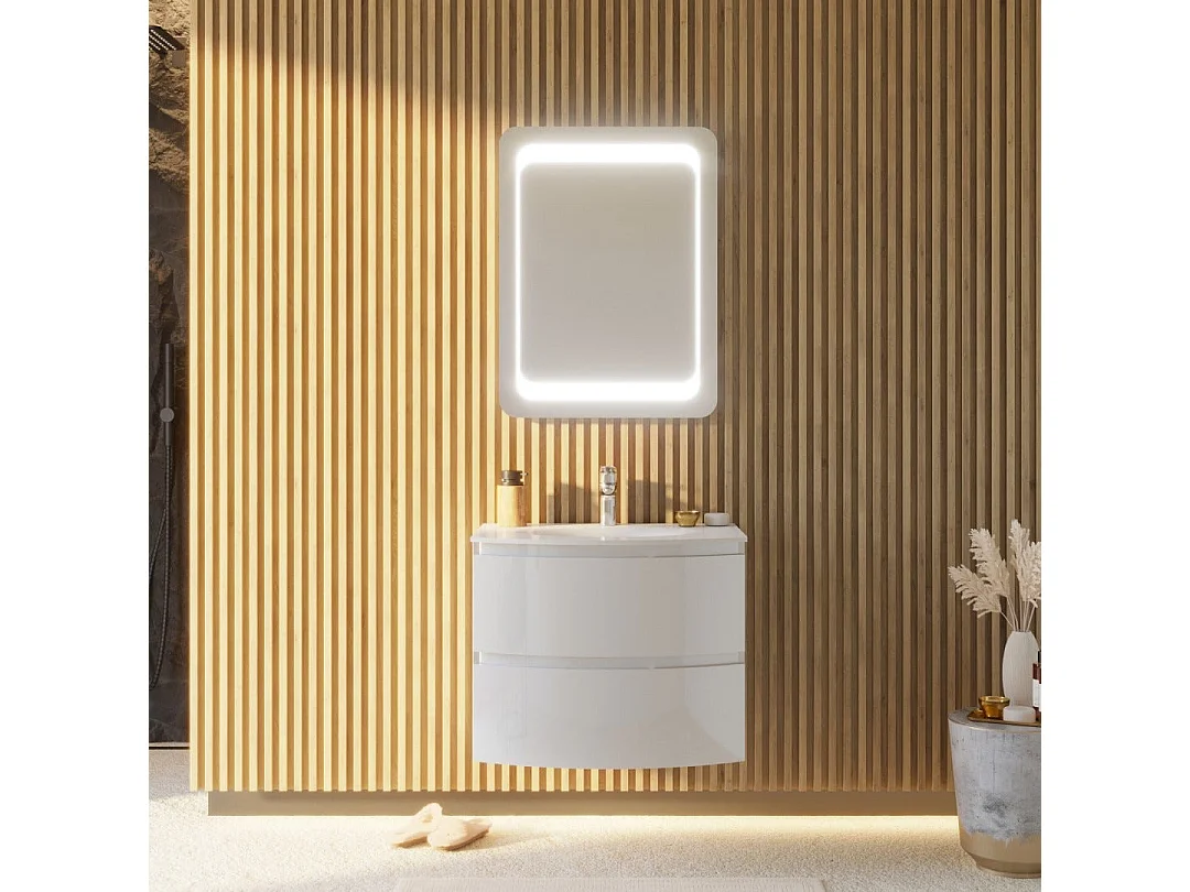 Armoire De Toilette Murale Courbe 70Cm Blanc Brillant Miroir Led 80X60 | Los Angeles