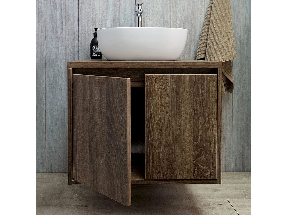 Meuble De Salle De Bain Noyer Foncé 60Cm Lavabo D'appui Et Miroir Bords Polis | Siena