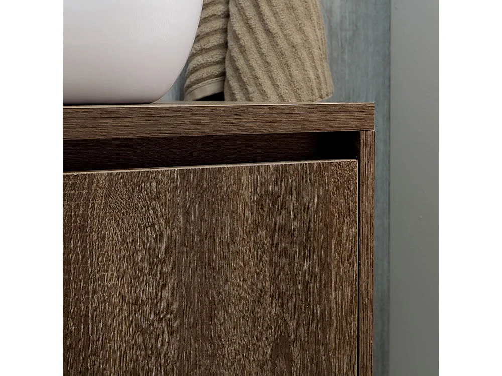 Meuble De Salle De Bain Noyer Foncé 60Cm Lavabo D'appui Et Miroir Bords Polis | Siena