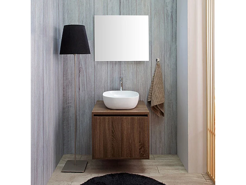 Meuble De Salle De Bain Noyer Foncé 60Cm Lavabo D'appui Et Miroir Bords Polis | Siena