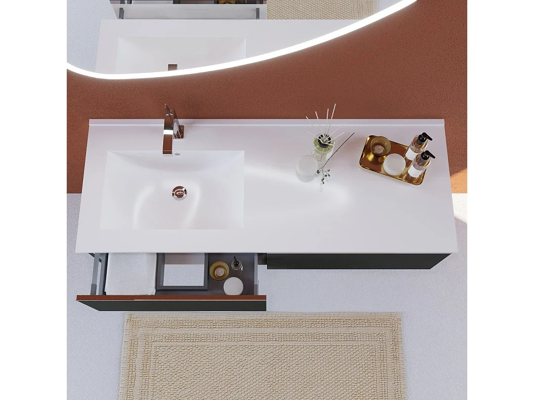 Meuble De Salle De Bains Gris Foncé De 120 Cm, Lavabo Asymétrique Et Miroir Suspendu | Seattle