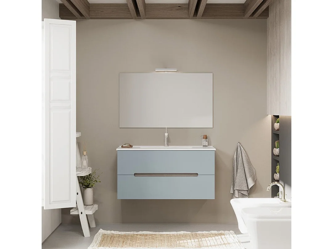 Meuble De Salle De Bain Couleur Bleu Mat Et Chêne Naturel 100 Cm | Magnolia