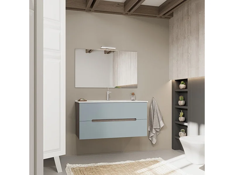 Meuble De Salle De Bain Couleur Bleu Mat Et Chêne Naturel 100 Cm | Magnolia