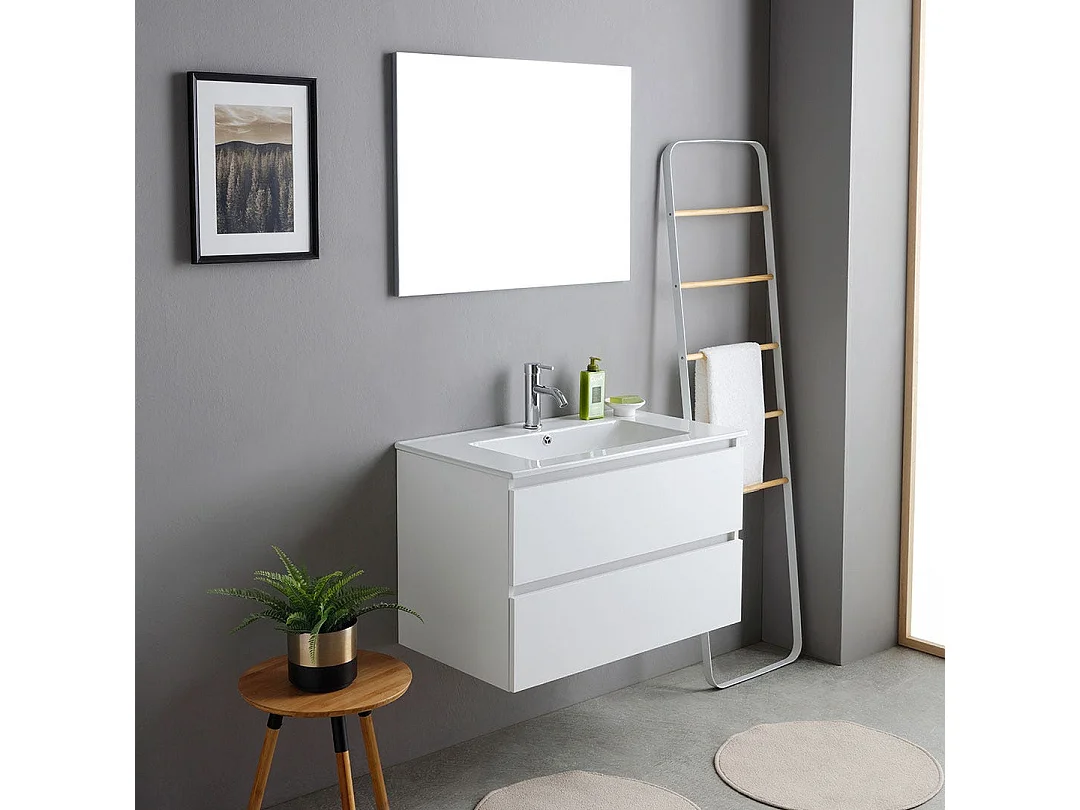 Meuble Salle De Bain Suspendu 80Cm Blanc Avec Lavabo Et Miroir | Bilbao