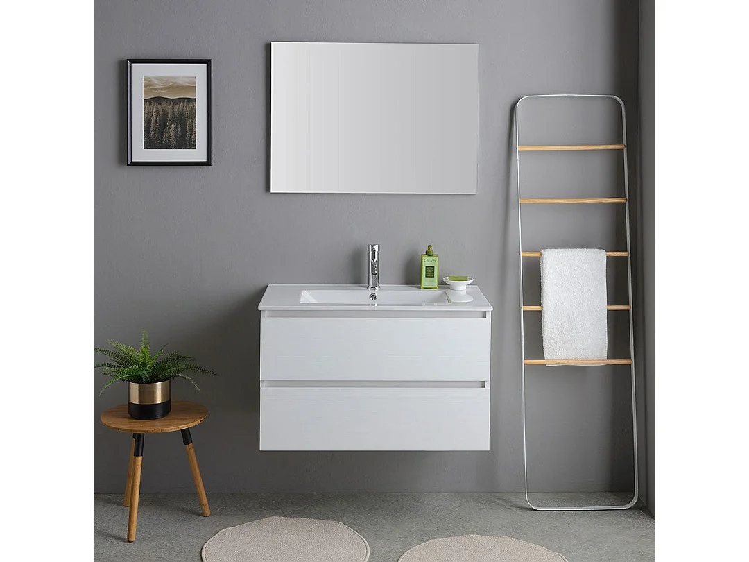 Meuble Salle De Bain Suspendu 80Cm Blanc Avec Lavabo Et Miroir | Bilbao