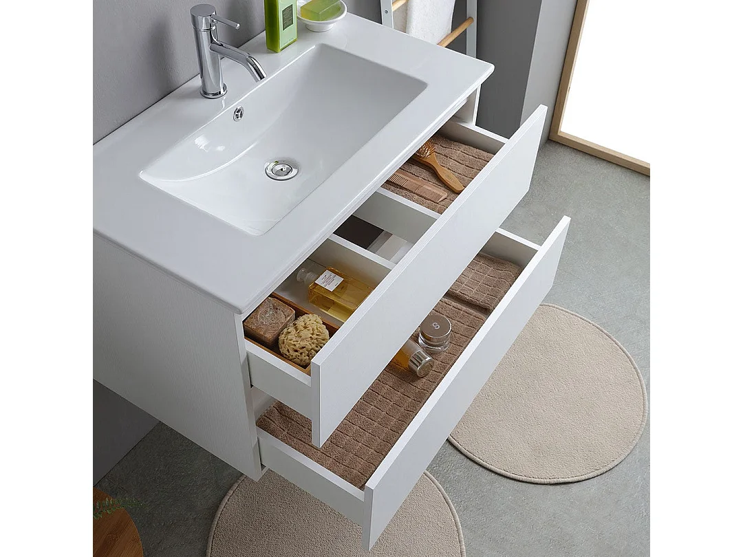Meuble Salle De Bain Suspendu 80Cm Blanc Avec Lavabo Et Miroir | Bilbao