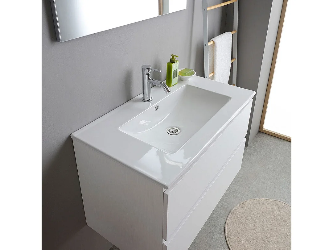 Meuble Salle De Bain Suspendu 80Cm Blanc Avec Lavabo Et Miroir | Bilbao