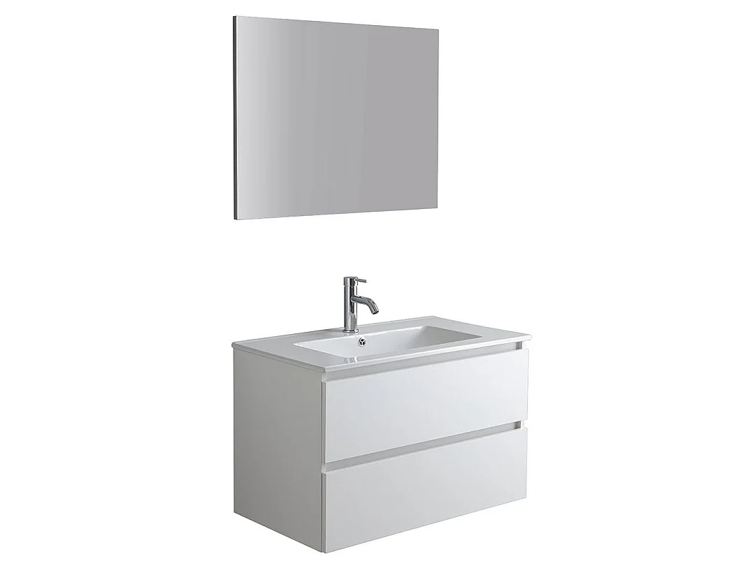 Meuble Salle De Bain Suspendu 80Cm Blanc Avec Lavabo Et Miroir | Bilbao