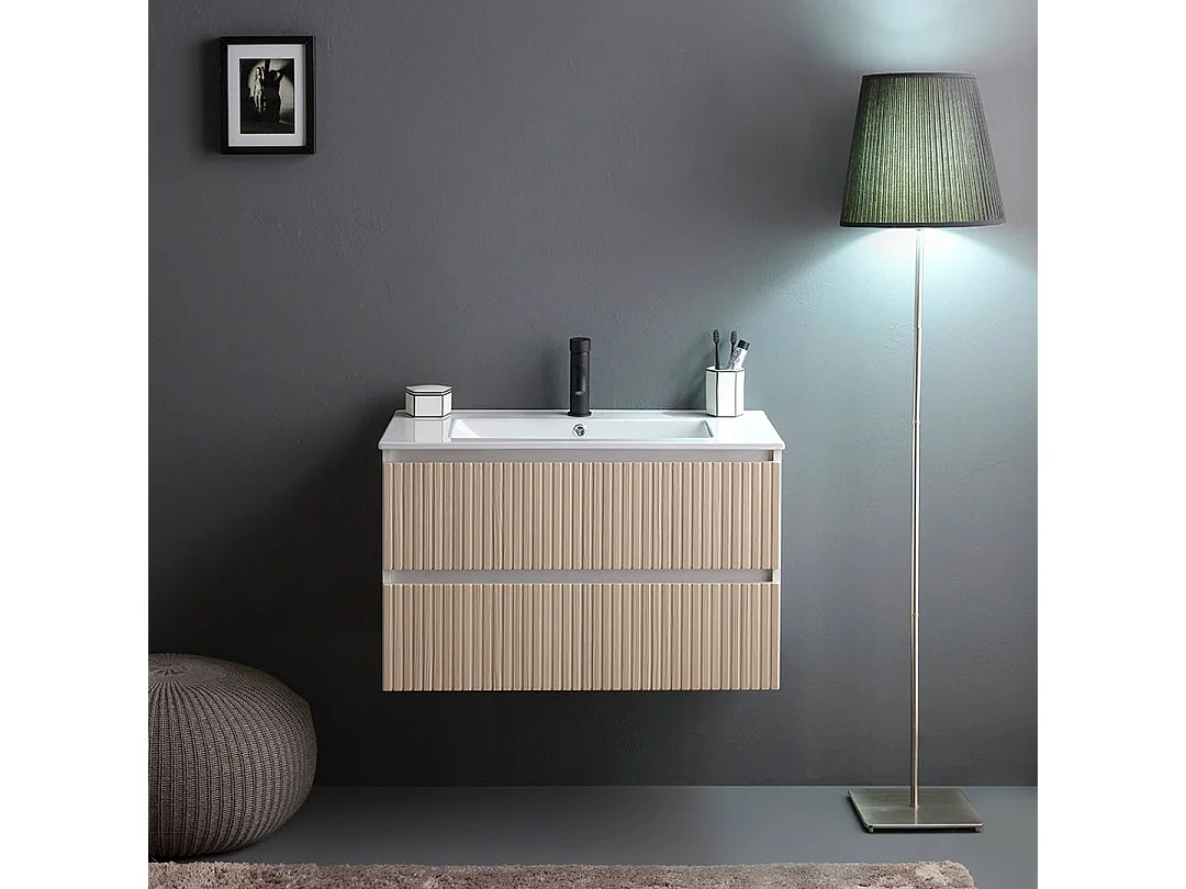 Meuble De Salle De Bains Suspendu 100Cm 2 Tiroirs Blanc Et Chêne Cannelé | Bilbao