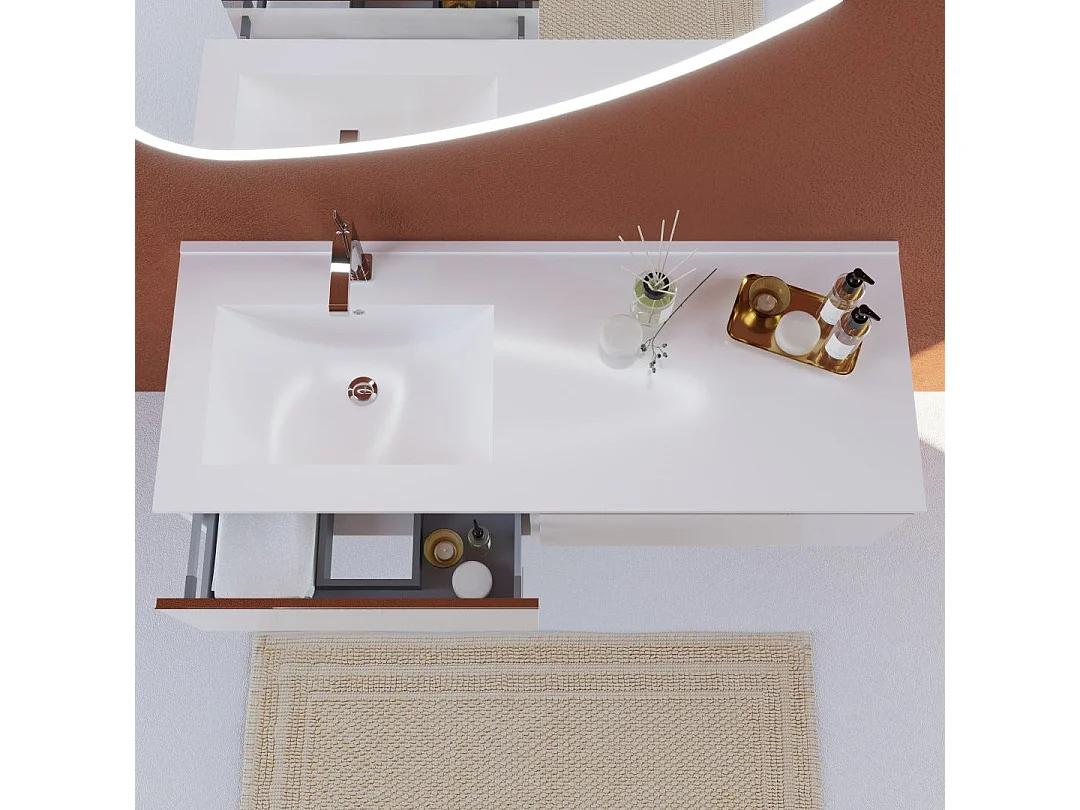 Meuble De Salle De Bains Suspendu Blanc, Lavabo Décentré Et Miroir En Forme De Goutte D'eau | Seattle