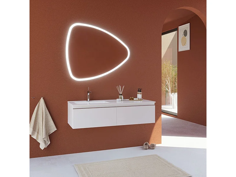 Meuble De Salle De Bains Suspendu Blanc, Lavabo Décentré Et Miroir En Forme De Goutte D'eau | Seattle