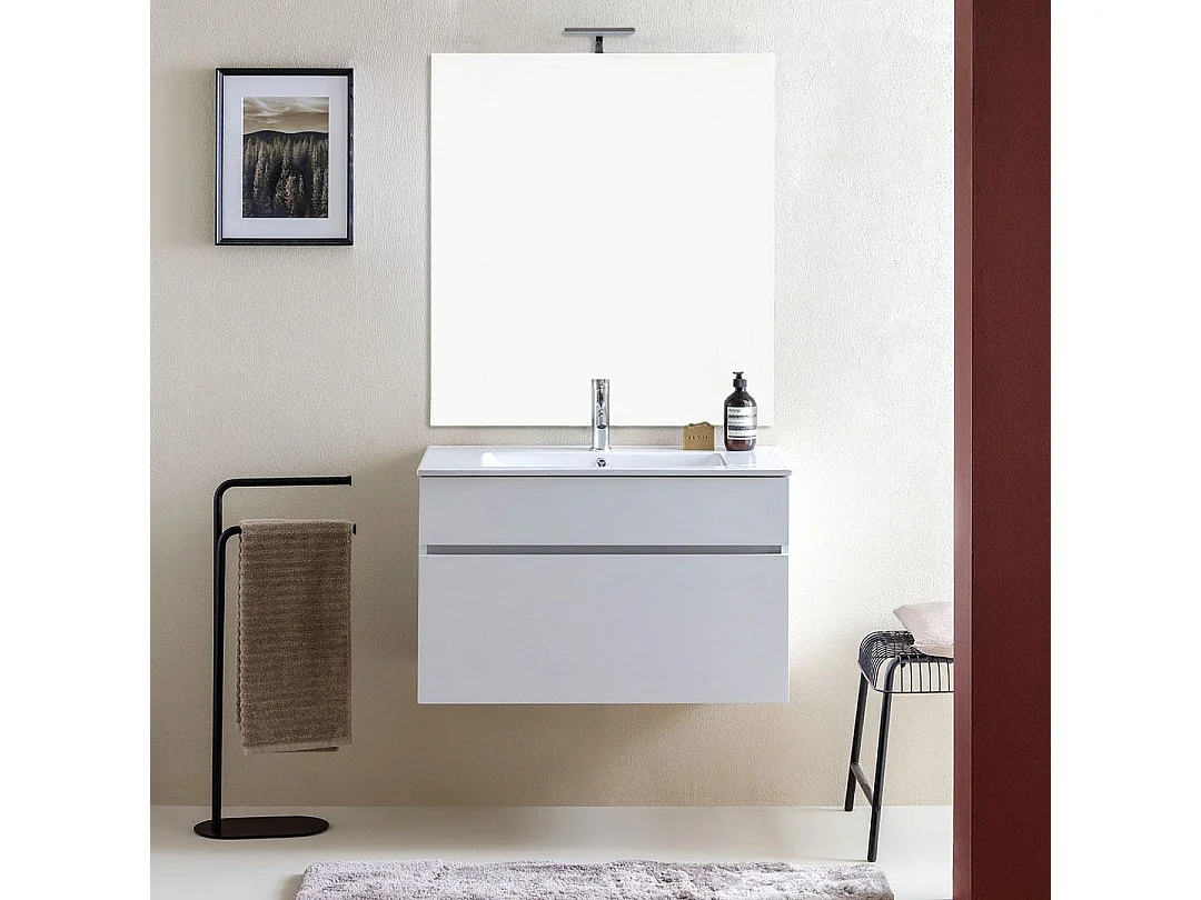 Meuble De Salle De Bain Suspendu 80Cm Avec Lavabo Et Miroir 80X110 | Sole