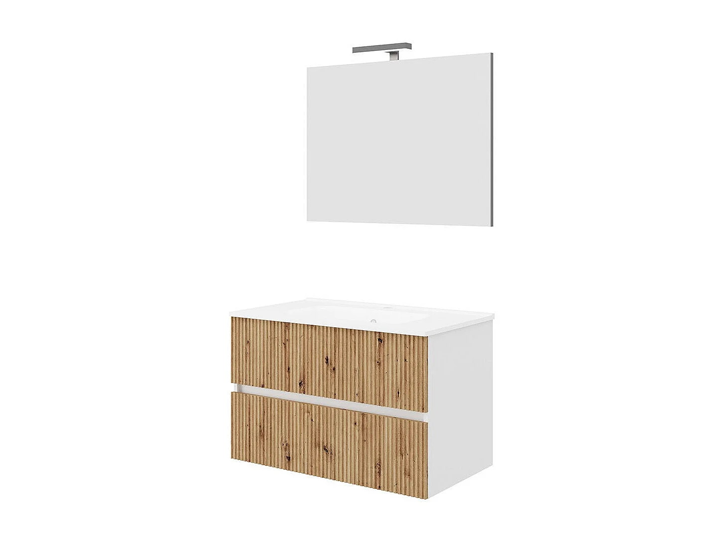 Meuble De Salle De Bains Suspendu 80Cm Blanc Et Chêne Canaletto, Miroir 80X60 | Salina