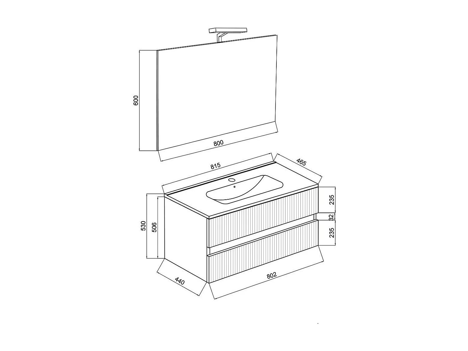Meuble De Salle De Bains Suspendu 80Cm Blanc Et Chêne Canaletto, Miroir 80X60 | Salina