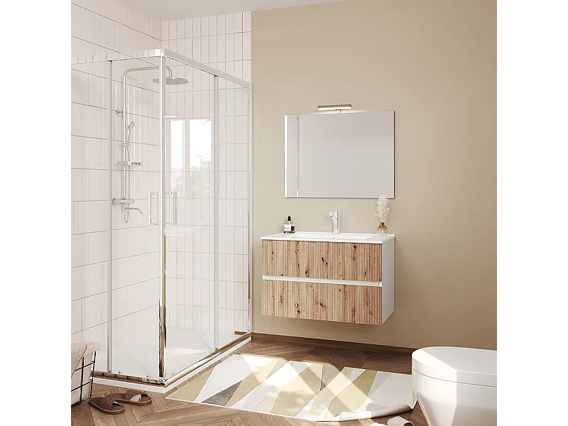 Meuble De Salle De Bains Suspendu 80Cm Blanc Et Chêne Canaletto, Miroir 80X60 | Salina