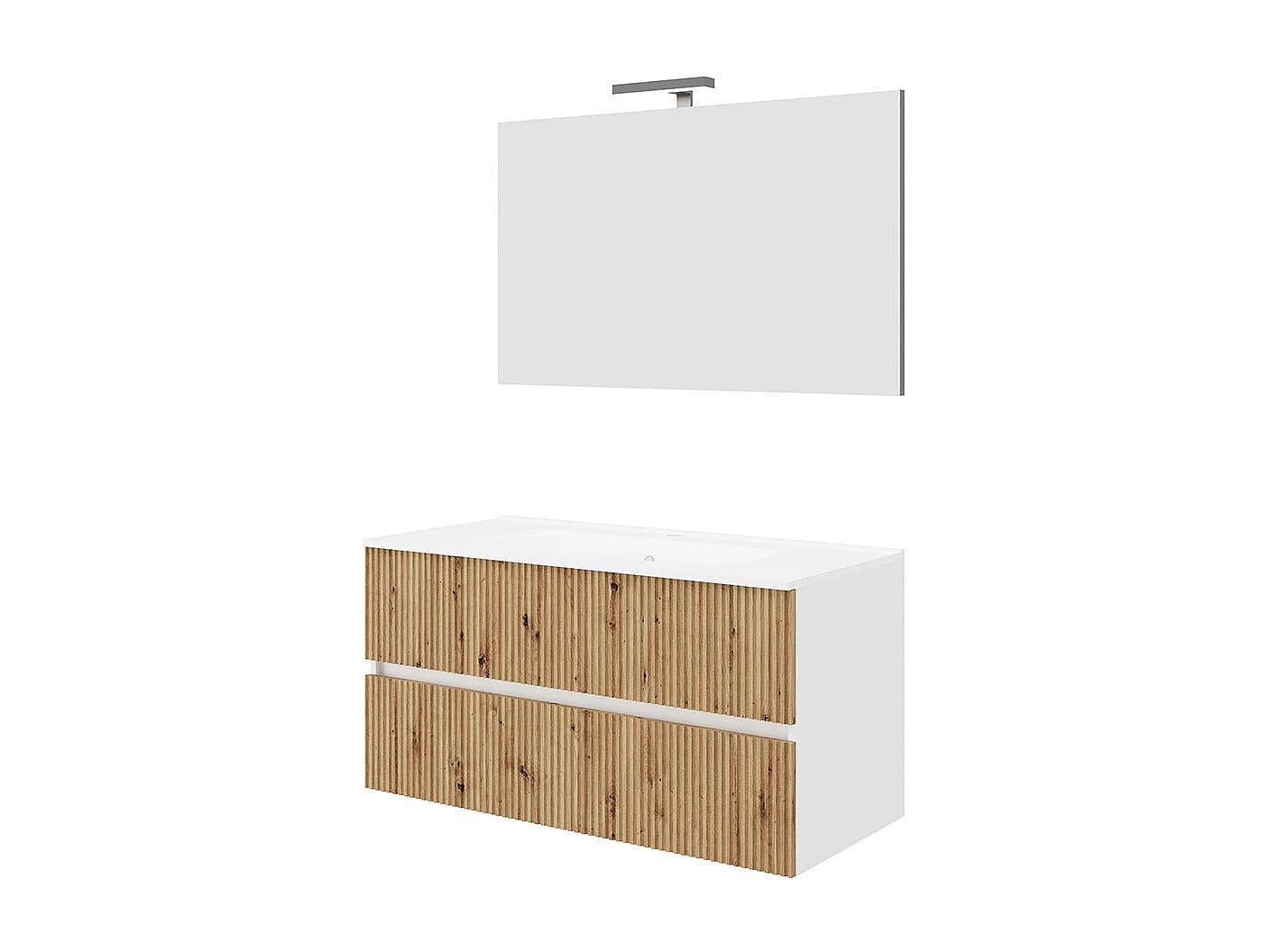 Meuble Salle De Bain 100Cm Blanc Façade Chêne Cannelé, Miroir 100X60 | Salina