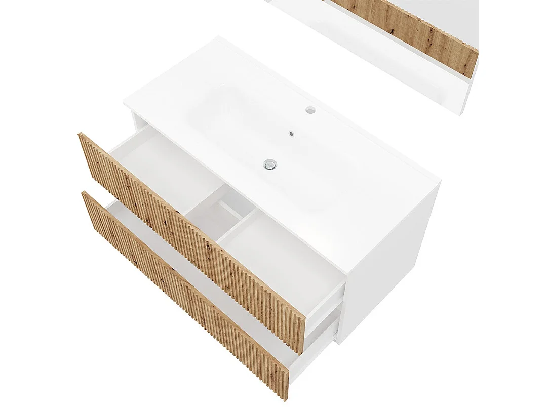 Meuble Salle De Bain 100Cm Blanc Façade Chêne Cannelé, Miroir 100X60 | Salina