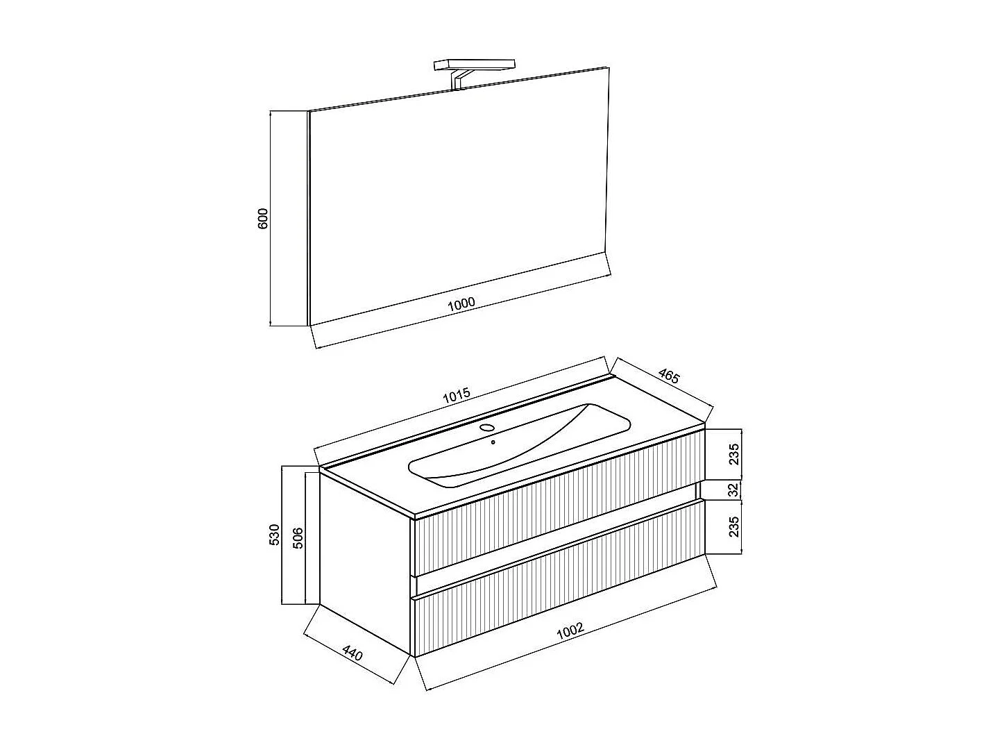 Meuble Salle De Bain 100Cm Blanc Façade Chêne Cannelé, Miroir 100X60 | Salina