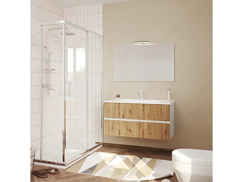 Meuble Salle De Bain 100Cm Blanc Façade Chêne Cannelé, Miroir 100X60 | Salina