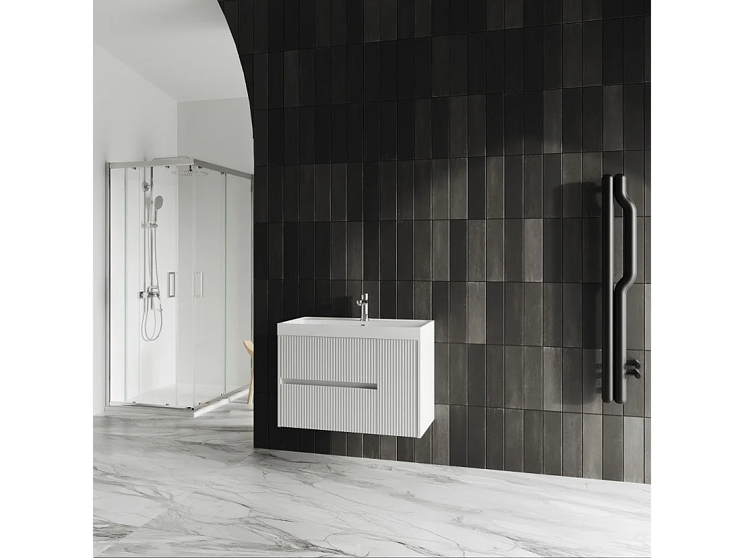 Meuble De Salle De Bain Suspendu De 80Cm Blanc Mat Cannelé | Cortina