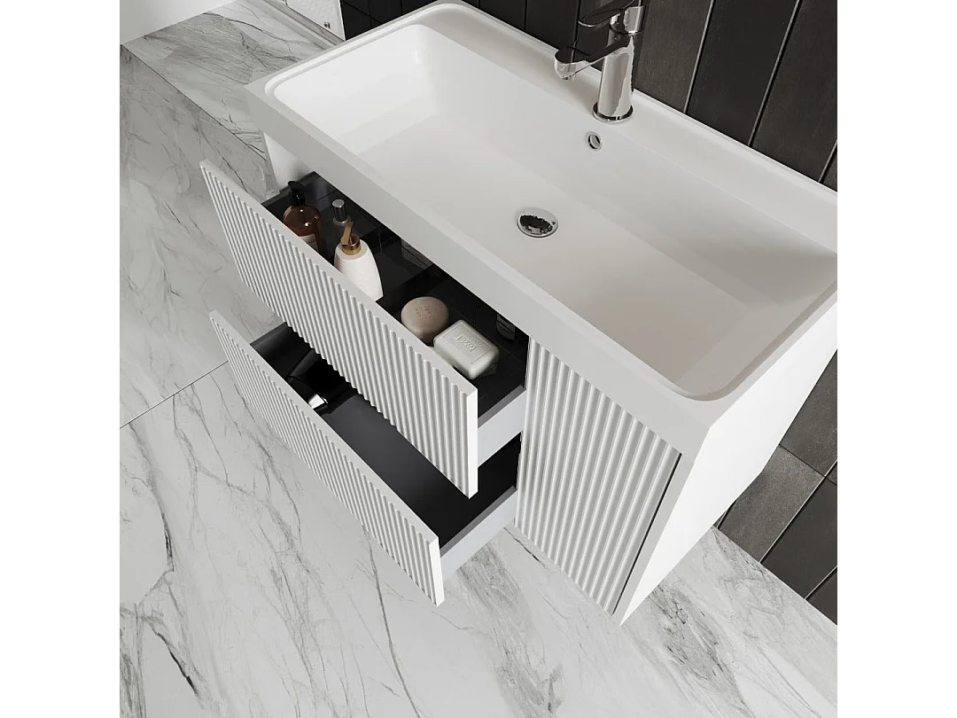 Meuble De Salle De Bain Suspendu De 80Cm Blanc Mat Cannelé | Cortina