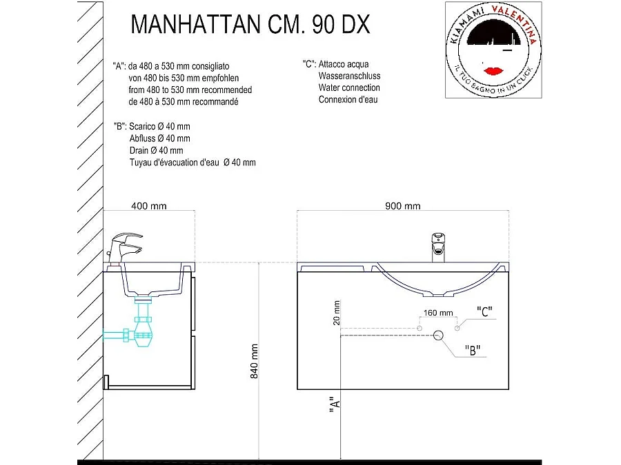 Meuble Gris Pour Salle De Bains De 90 Cm Charnières À Droite Avec Portes | Manhattan