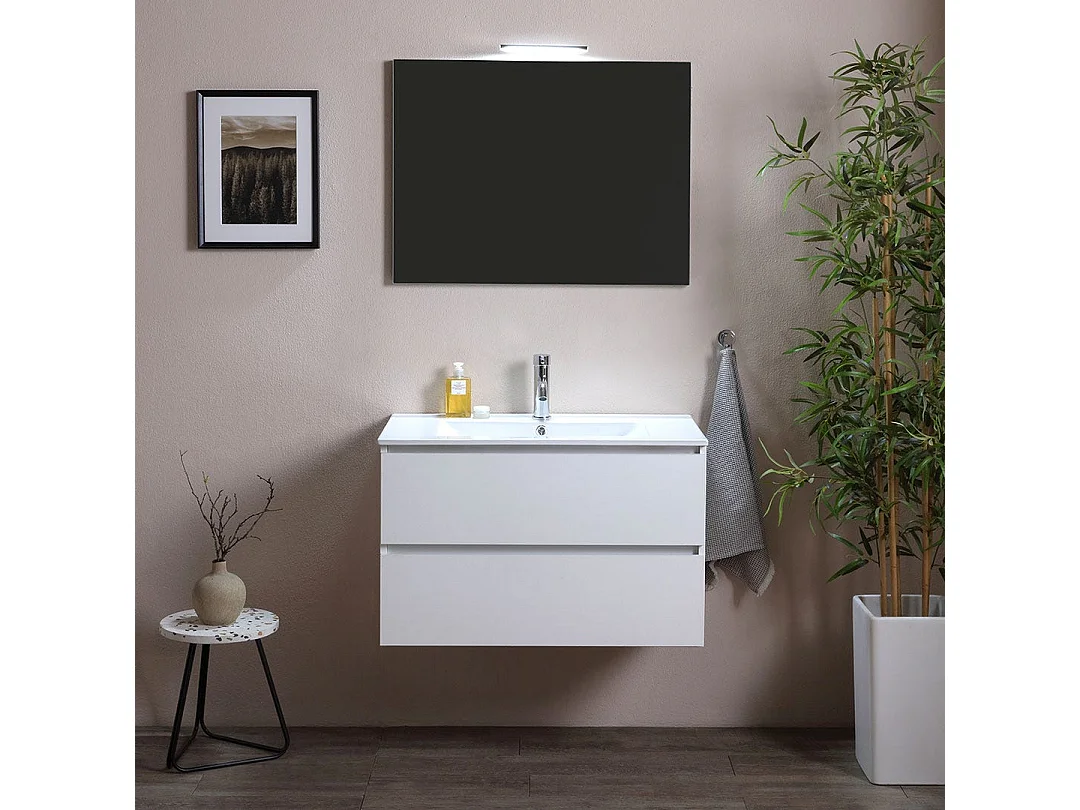 Meuble De Salle De Bains Suspendu 80 Cm Avec Tiroirs Et Lavabo En Céramique Blanc Bois | Berlin