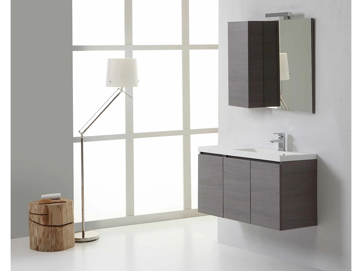 Meuble De Salle De Bains 90 Cm Droite Avec Portes, Miroir Et Armoire Murale | Manhattan