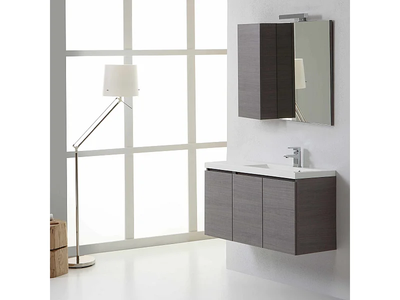 Meuble De Salle De Bains 90 Cm Droite Avec Portes, Miroir Et Armoire Murale | Manhattan