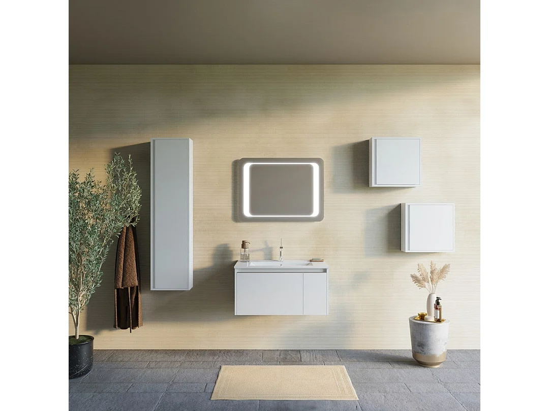 Armoire De Toilette Murale 80Cm Blanc Mat Avec Miroir 60X80 Led | Monaco