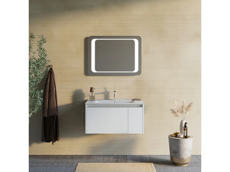 Armoire De Toilette Murale 80Cm Blanc Mat Avec Miroir 60X80 Led | Monaco