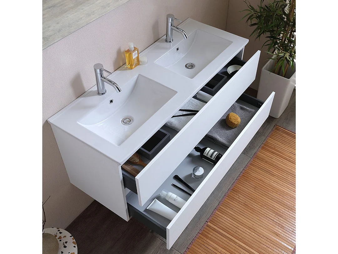 Meuble Salle De Bain 120 Cmblanc Effet Bois  Avec Double Vasque | Berlin