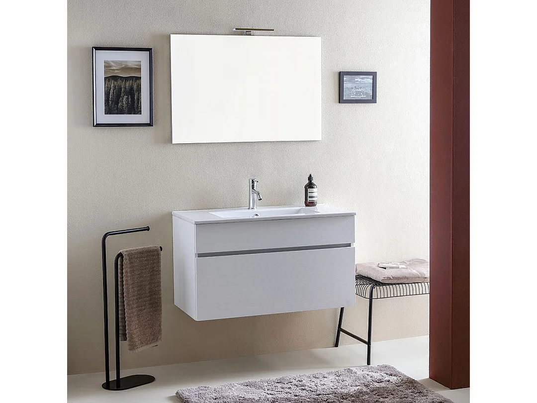 Armoire De Salle De Bains Suspendue 90Cm Lavabo Blanc Et Miroir | Sole