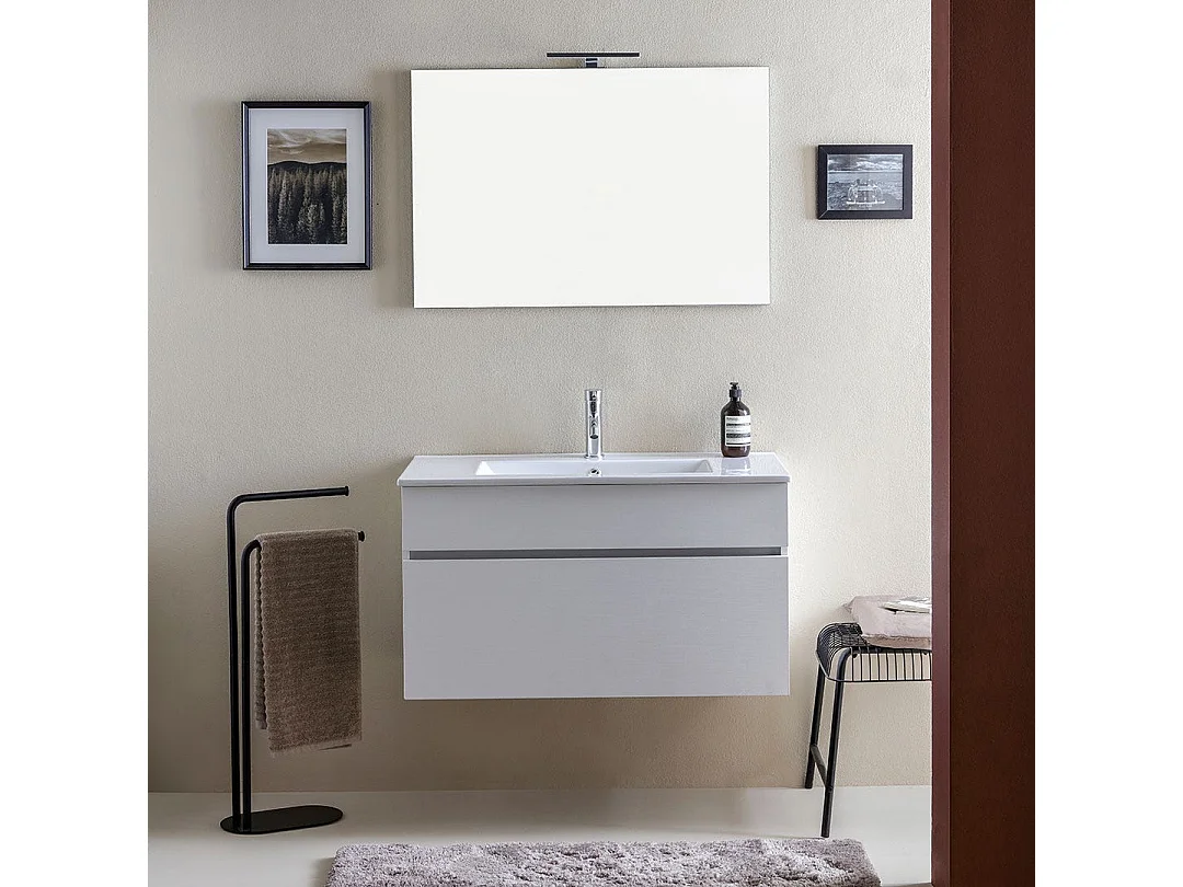 Armoire De Salle De Bains Suspendue 90Cm Lavabo Blanc Et Miroir | Sole