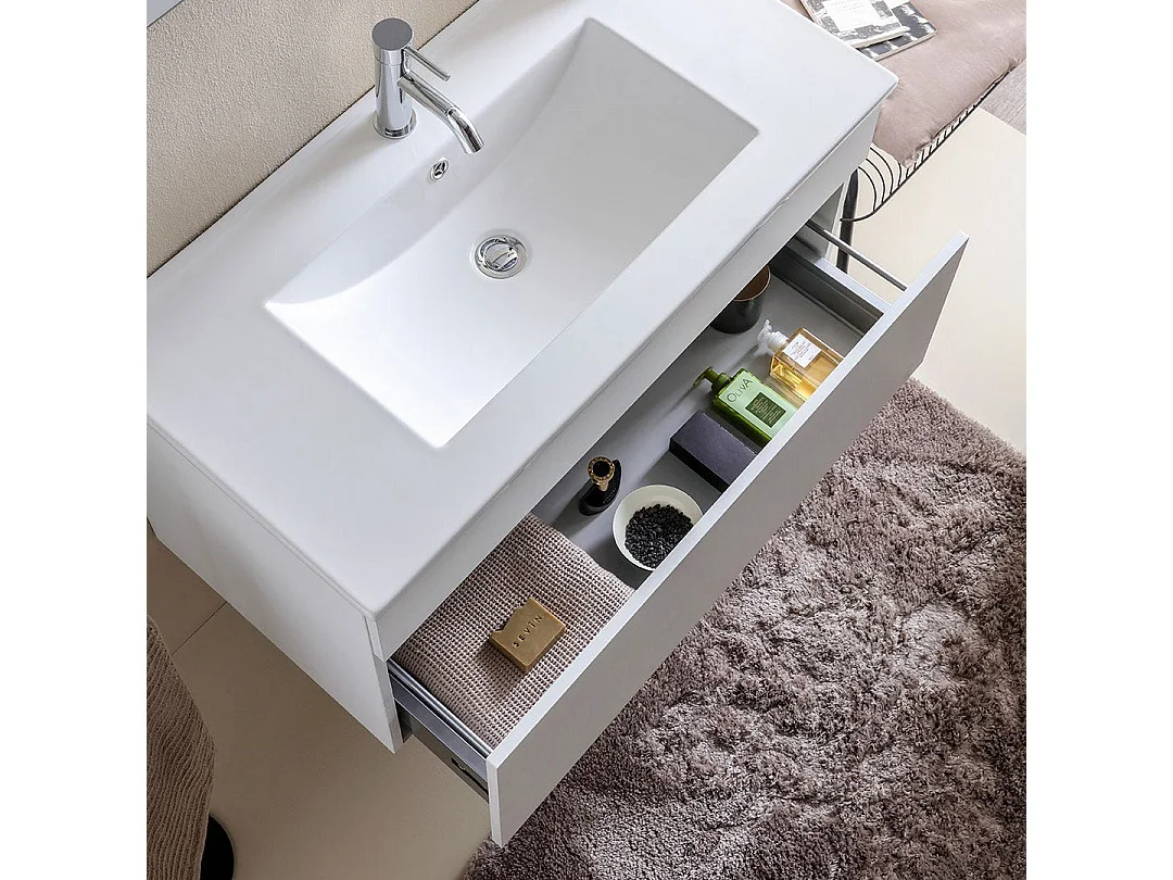 Armoire De Salle De Bains Suspendue 90Cm Lavabo Blanc Et Miroir | Sole