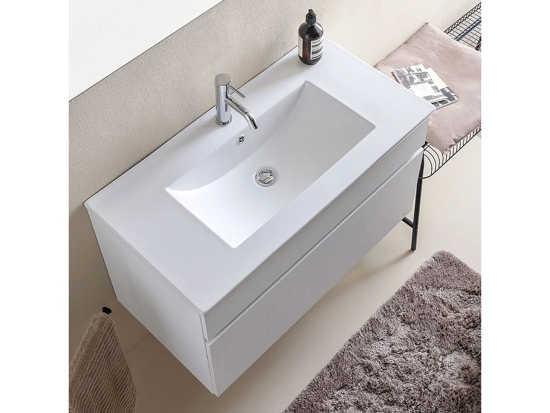 Armoire De Salle De Bains Suspendue 90Cm Lavabo Blanc Et Miroir | Sole
