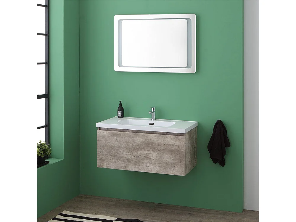 Meuble De Salle De Bain Avec Tiroir De Couleur Ciment Et Miroir Avec Led Intégré | Madrid