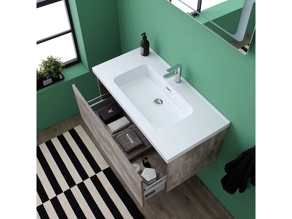 Meuble De Salle De Bain Avec Tiroir De Couleur Ciment Et Miroir Avec Led Intégré | Madrid