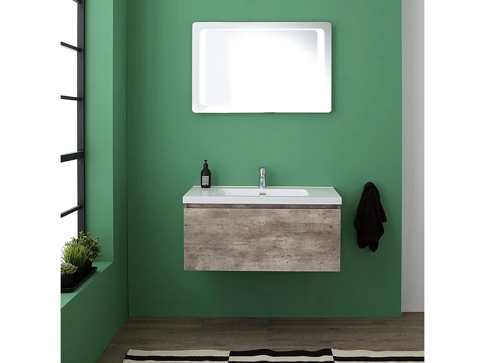 Meuble De Salle De Bain Avec Tiroir De Couleur Ciment Et Miroir Avec Led Intégré | Madrid