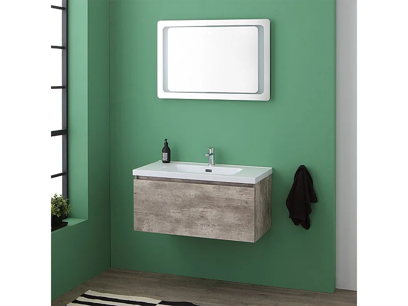 Meuble De Salle De Bain Avec Tiroir De Couleur Ciment Et Miroir Avec Led Intégré | Madrid