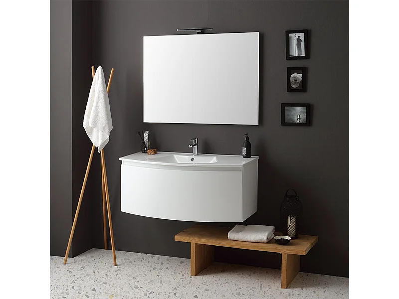 Armoire De Toilette Suspendue Courbe Cm102 Laqué Blanc Lavabo Et Miroir | Riva