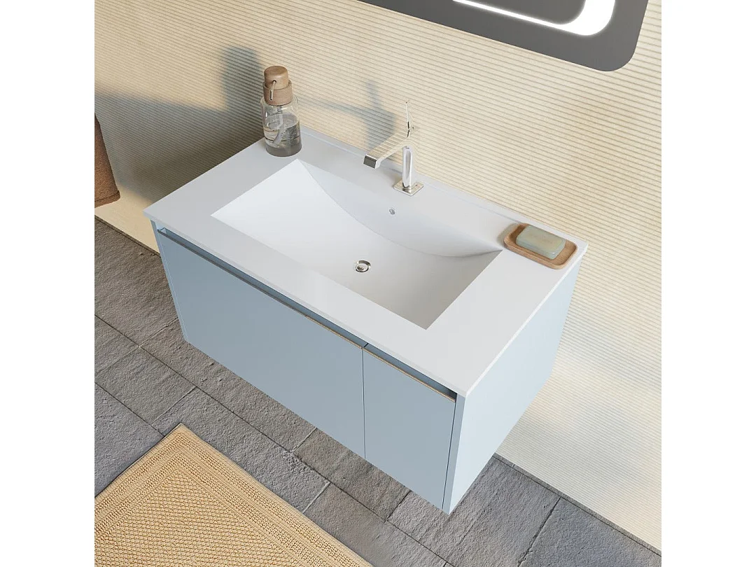 Meuble De Salle De Bains Mural 80Cm Bleu Clair Et Miroir Avec Cadre À Led | Monaco